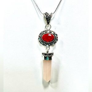 Rose Quartz Garnet 925 Pillar Gemstone Pendant